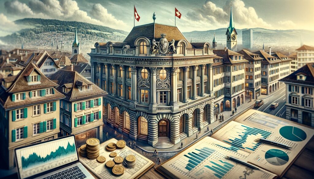 Традиционный швейцарский банк Julius Baer в Цюрихе с элементами финансов, включая валюту и графики, на фоне городского пейзажа