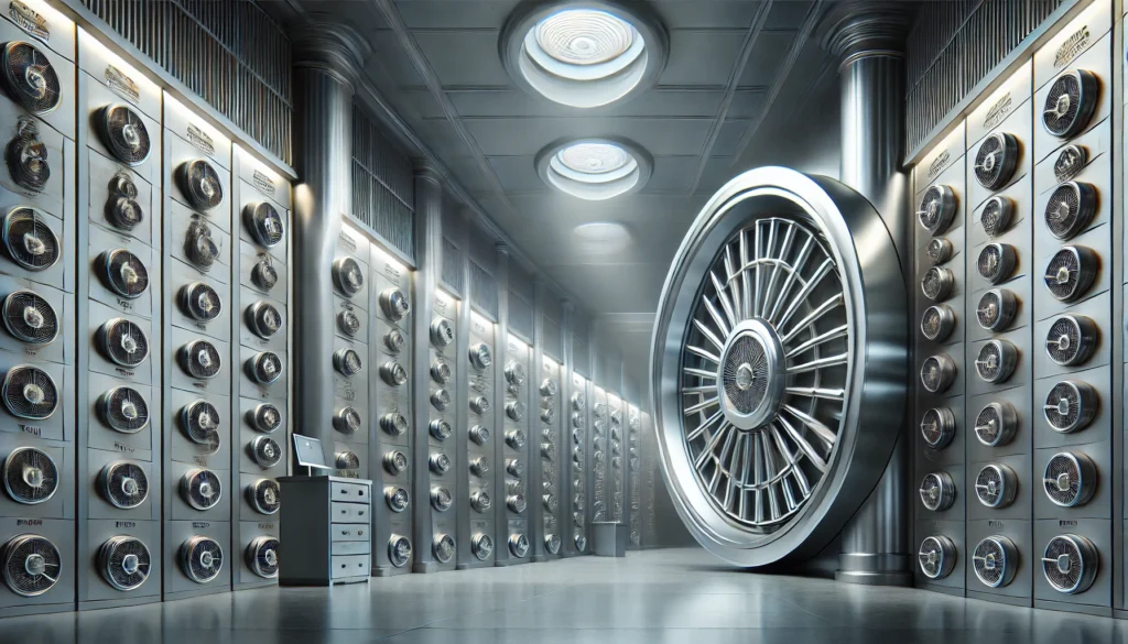 Интерьер швейцарского банковского хранилища с рядами современных металлических ячеек, мягкое освещение подчеркивает безопасность и элегантность