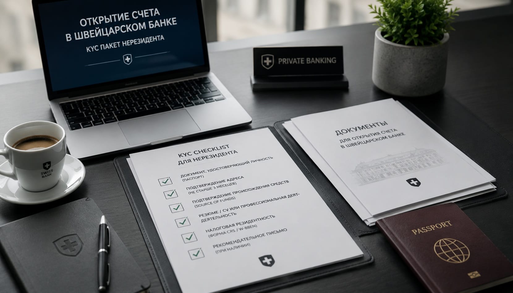 Распечатанный KYC чек-лист, заграничный паспорт и подготовленное досье на строгом рабочем столе для прохождения банковского комплаенса нерезидентом.