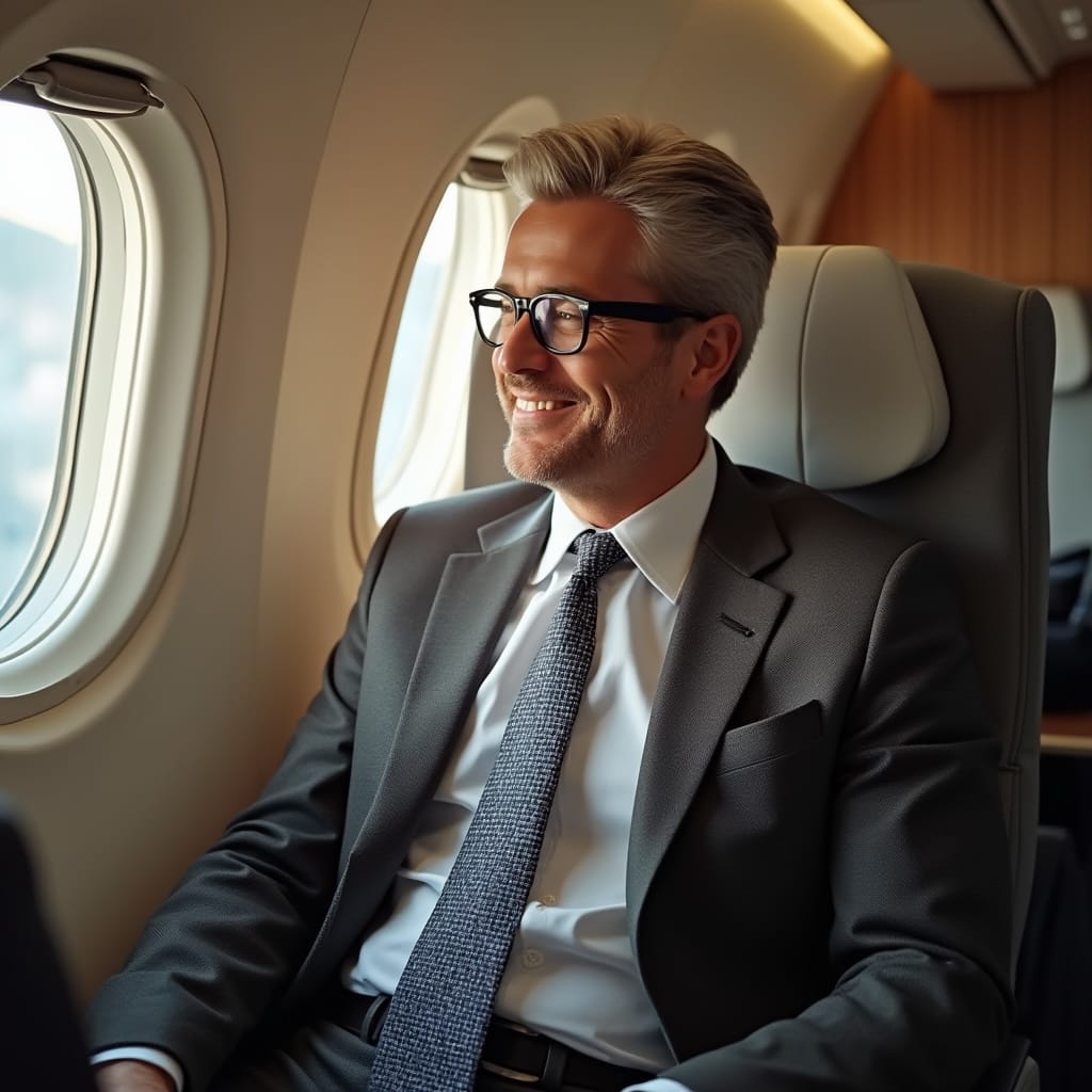 Довольный клиент швейцарского банка летит в Цюрих на самолете