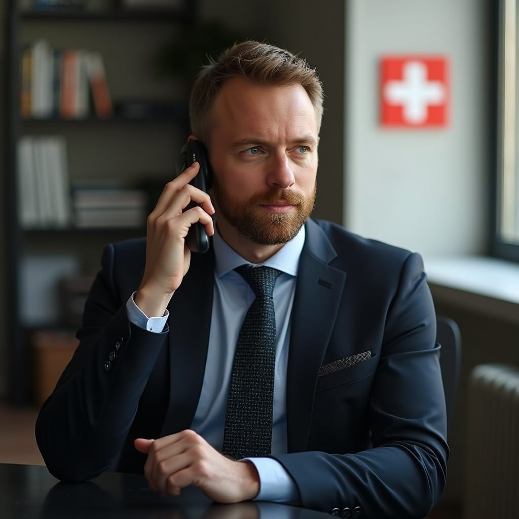 Швейцарский банковский эксперт консультирует клиента по телефону