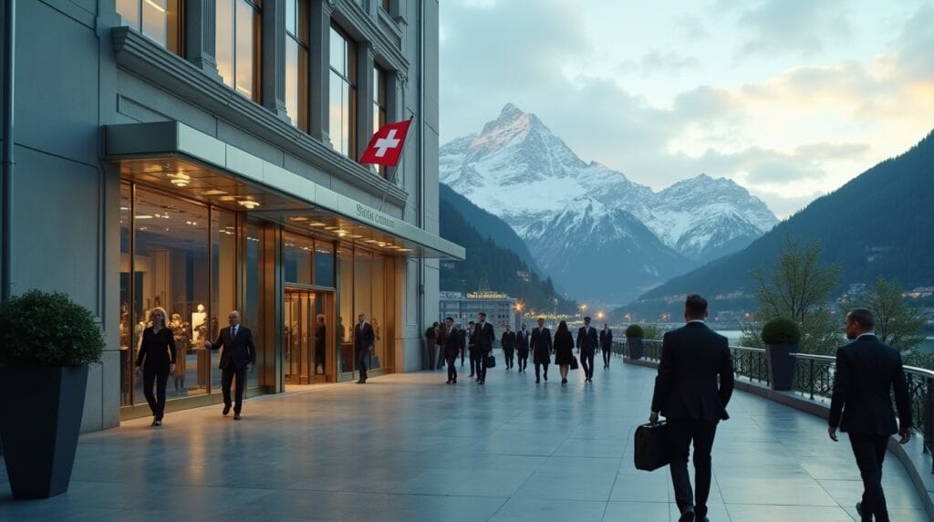 Изображение современного швейцарского банка на фоне Альп, отражающего высокие стандарты надёжности и стабильности при выборе банка в Швейцарии