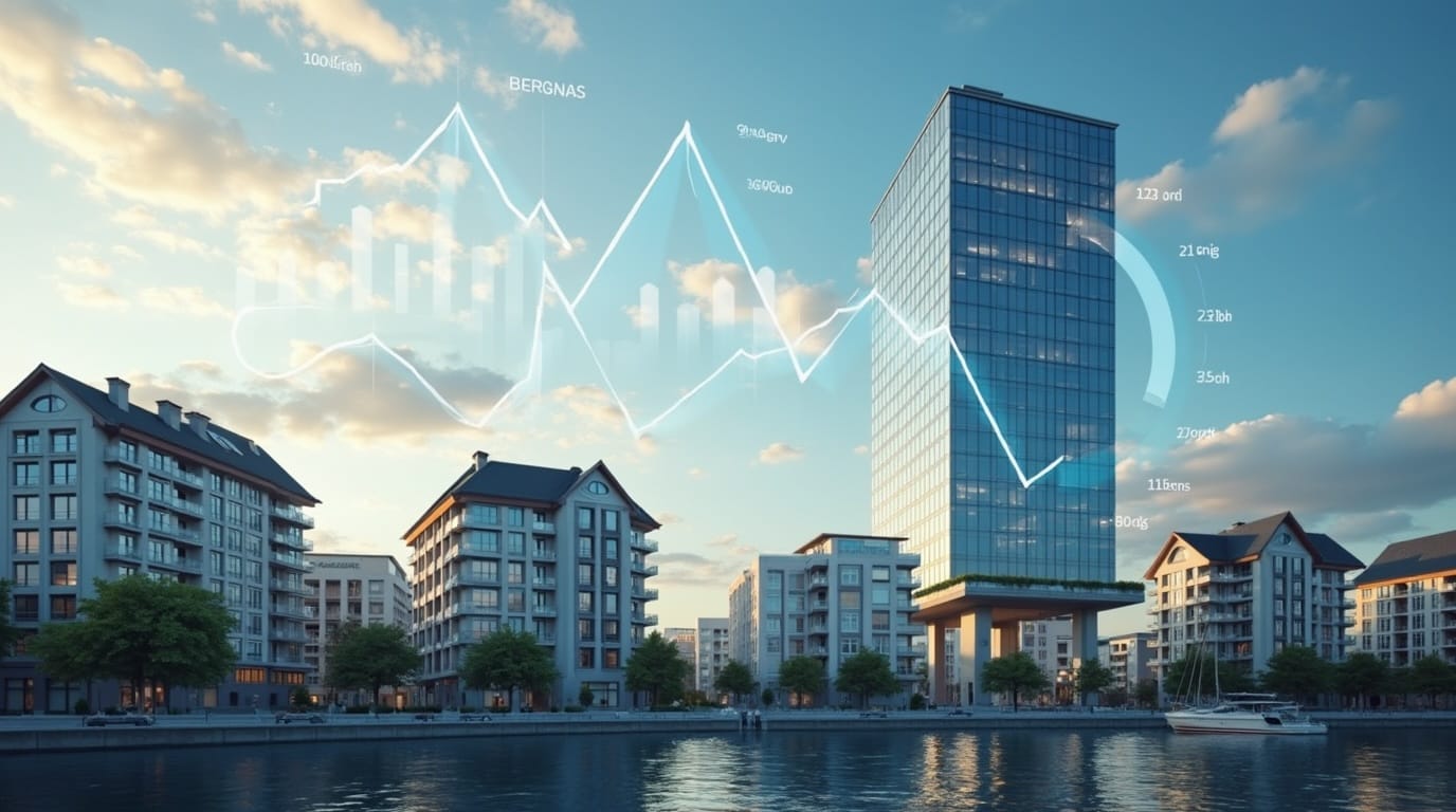 Современная швейцарская городская панорама с графическими символами ипотечного финансирования, отражающая влияние Lower of Price or Value Principle