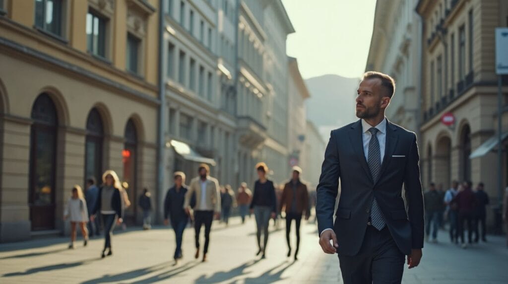 Глава частного банковского дела прогуливается по улицам Цюриха, символизируя одну из 15 самых высокооплачиваемых профессий в Швейцарии.