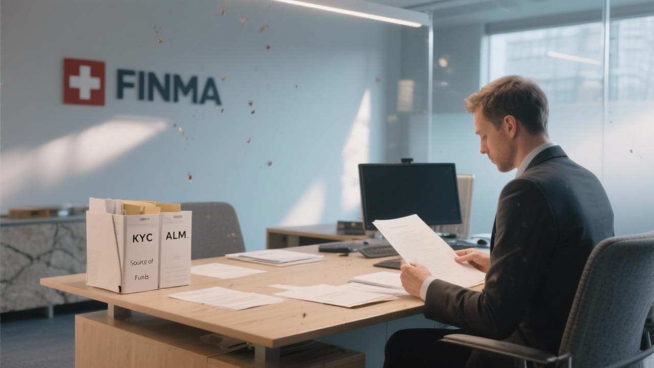 Комплаенс проверка в швейцарском банке: офицер проверяет документы Source of Funds