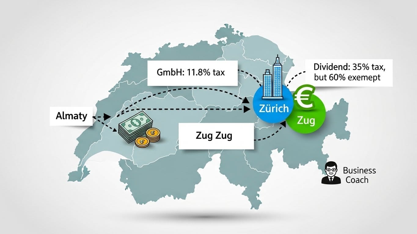 Инфографическая карта Швейцарии с маршрутом денег от семинара в Алматы через GmbH в Цуге к бизнес-тренеру в Цюрихе. Показаны налоговые ставки: 11.8% корпоративный налог в Цуге, 35% удержанный налог на дивиденды с 60% освобождения. Заголовок: "Как вести бизнес в Швейцарии: самозанятость или GmbH? Полный гид с цифрами".